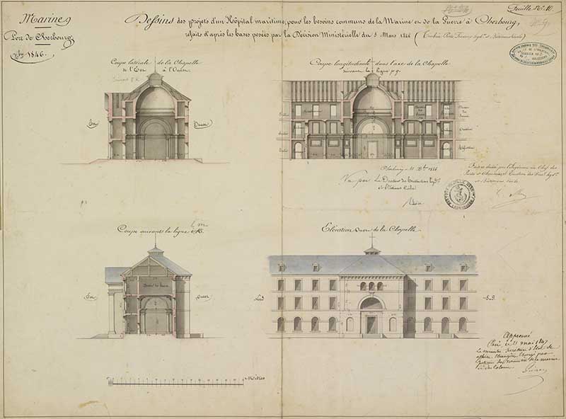 Dessins des projets d'un hôpital maritime pour les besoins de la Marine et de la Guerre à Cherbourg, refaits d'après les bases posées par la décision ministérielle du 5 mars 1846. Coupes et élévations sur la chapelle.- Dessin à l'encre et aquarelle sur papier de Méry (ingénieur civil) et Reibell Félix-Jean-Baptiste-Joseph (ingénieur civil), 21 octobre 1846. (Ministère de la Défense, service historique de la Marine, Cherbourg-Octeville. 2K 2519).