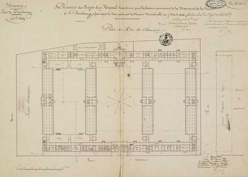 Dessins des projets d'un Hôpital maritime pour les besoins de la Marine et de la Guerre à Cherbourg, refaits d'après les bases posées par la décision ministérielle du 5 mars 1846. Plan du Rez-de-Chaussée.- Dessin à l'encre sur papier de Méry (ingénieur civil) et Reibell Félix-Jean-Baptiste-Joseph (ingénieur civil), Cherbourg le 21 octobre 1846. (Ministère de la Défense, service historique de la Marine, Cherbourg-Octeville. 2K 2512).