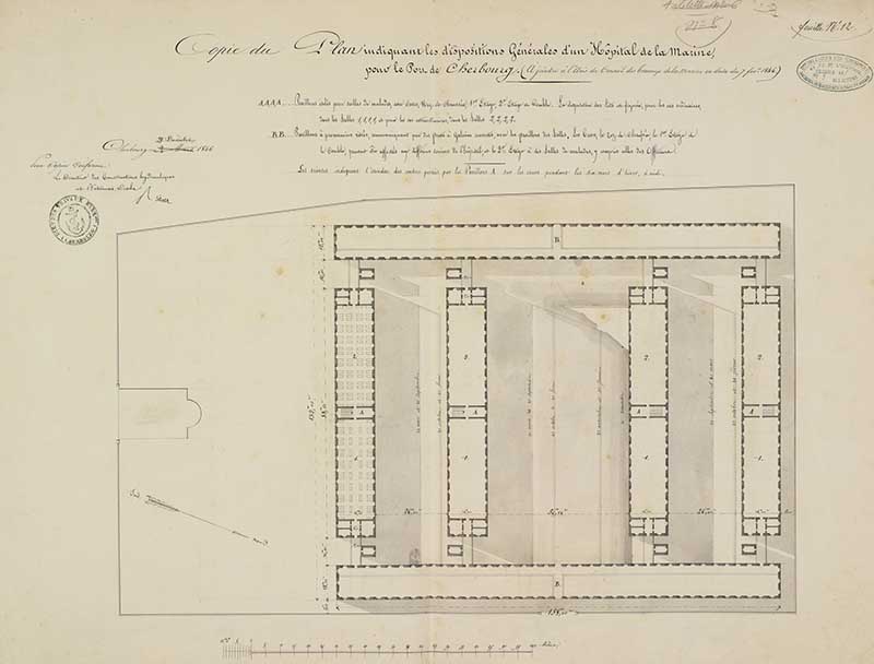 Copie du Plan indiquant les dispositions Générales d'un Hôpital de la Marine pour le port de Cherbourg.- Dessin à l'encre sur papier de Reibell Félix-Jean-Baptiste-Joseph (ingénieur civil), 28 décembre 1846. (Ministère de la Défense, service historique de la Marine, Cherbourg-Octeville. 2K 2508).