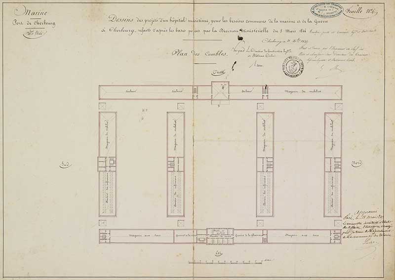 Dessins des projets d'un Hôpital maritime pour les besoins de la Marine et de la Guerre à Cherbourg, refaits d'après les bases posées par la décision ministérielle du 5 mars 1846. Plan des Combles.- Dessin à l'encre sur papier de Méry (ingénieur civil) et Reibell Félix-Jean-Baptiste-Joseph (ingénieur civil), Cherbourg le 21 octobre 1846. (Ministère de la Défense, service historique de la Marine, Cherbourg-Octeville. 2K 2515).