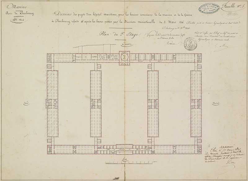 Dessins des projets d'un Hôpital maritime pour les besoins de la Marine et de la Guerre à Cherbourg, refaits d'après les bases posées par la décision ministérielle du 5 mars 1846. Plan du 2ème Etage.- Dessin à l'encre sur papier de Méry (ingénieur civil) et Reibell Félix-Jean-Baptiste-Joseph (ingénieur civil), Cherbourg le 21 octobre 1846. (Ministère de la Défense, service historique de la Marine, Cherbourg-Octeville. 2K 2514).