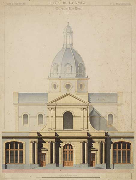 Chapelle, face nord.- Dessin à l'encre et gouache sur papier, 50 x 66 cm, s. d. (Ministère de la Défense, service historique de la Marine, Cherbourg-Octeville. 2K 2609).