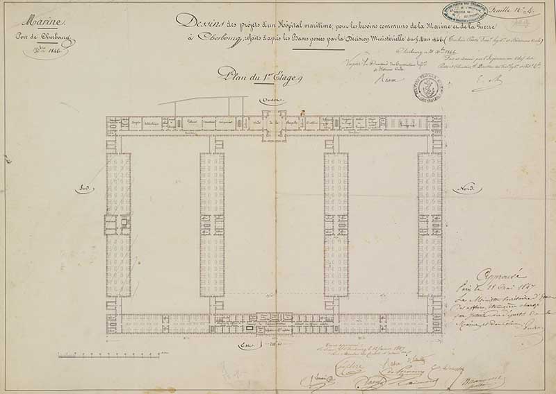 Dessins des projets d'un Hôpital maritime pour les besoins de la Marine et de la Guerre à Cherbourg, refaits d'après les bases posées par la décision ministérielle du 5 mars 1846. Plan du 1er Etage.- Dessin à l'encre sur papier de Méry (ingénieur civil) et Reibell Félix-Jean-Baptiste-Joseph (ingénieur civil), Cherbourg le 21 octobre 1846. (Ministère de la Défense, service historique de la Marine, Cherbourg-Octeville. 2K 2513).