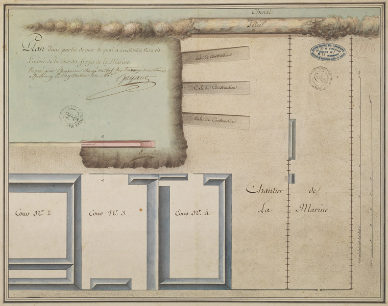 Plan d'une partie du mur de quai à construire vis-à-vis l'entrée de la cour des forges de la Marine, proposé par l'ingénieur en chef des travaux maritimes Gayant, le 29 ventôse an VI.- Dessin à l'encre et aquarelle sur papier. (Ministère de la Défense, service historique de la Marine, Cherbourg-Octeville. 2K 127).