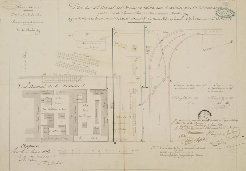 Plan du vieil Arsenal de la Marine et des travaux à exécuter pour l'achèvement de la partie est de l'avant-port de Commerce de Cherbourg.- Dessin à l'encre et aquarelle sur papier, 1846. (Ministère de la Défense, service historique de la Marine, Cherbourg-Octeville. 2K 50).