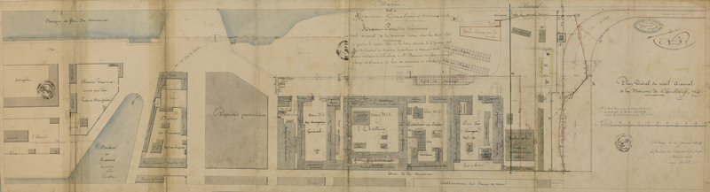 Plan Général du vieil Arsenal de la Marine de Cherbourg.- Dessin à l'encre et aquarelle sur papier, s. d. (Ministère de la Défense, service historique de la Marine, Cherbourg-Octeville. 2K 21).