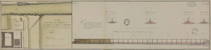 Plan d'une partie de l'arsenal et des jetées du port de Cherbourg, an IX.- Dessin à l'encre et aquarelle sur papier. (Ministère de la Défense, service historique de la Marine, Cherbourg-Octeville. 2K 47).