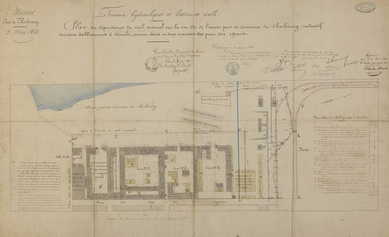 Plan des dépendances du vieil arsenal sur la rive est de l'avant-port de commerce, indicatif des vieux établissements à démolir.- Dessin à l'encre et aquarelle sur papier, 1852. (Ministère de la Défense, service historique de la Marine, Cherbourg-Octeville. 2K 63-64).