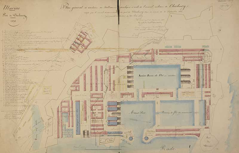 Extrait du plan général des Bâtiments hydrauliques et civils du nouvel arsenal militaire de Cherbourg adopté par le conseil d'administration du port de Cherbourg en sa séance du 11 septembre 1838.- Dessin à l'encre et aquarelle sur calque de Demondésir (ingénieur militaire) et Reibell Félix-Jean-Baptiste-Joseph (ingénieur civil), 64 x 50 cm. (Ministère de la Défense, service historique de la Marine, Cherbourg-Octeville. 3K 182).