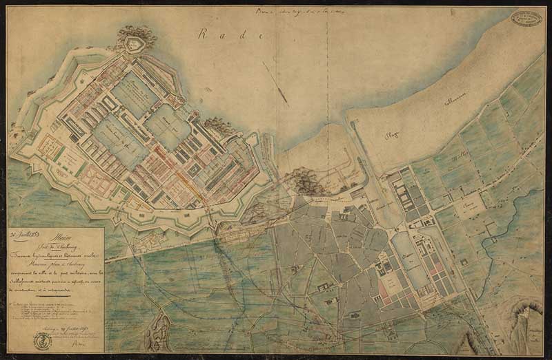 Nouveau plan de Cherbourg comprenant la ville et le port militaire, avec les établissements existants provisoires ou définitifs, en cous de construction et à entreprendre.- Dessin à l'encre et aquarelle sur papier de Reibell Félix-Jean-Baptiste-Joseph (ingénieur civil), 20 juillet 1853. (Ministère de la Défense, service historique de la Marine, Cherbourg-Octeville. 2K 2074).