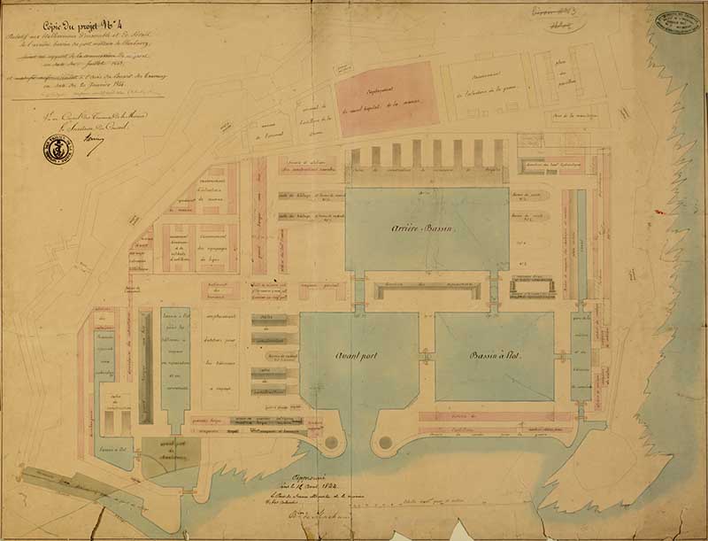 Plan relatif aux établissements d'ensemble et de détail de l'arrière-bassin du port militaire de Cherbourg, soumis à l'avis du conseil des travaux le 20 janvier 1844.- Dessin à l'encre et aquarelle sur papier de Reibell Félix-Jean-Baptiste-Joseph (ingénieur civil), 86 x 65 cm. (Ministère de la Défense, service historique de la Marine, Cherbourg-Octeville. 2K 1063).