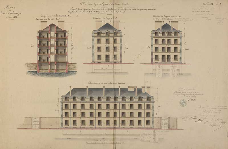 Projet d'un nouveau casernement de gendarmerie modifié par suite des prescriptions de la dépêche ministérielle du 2 mars 1852.- Dessin à l'encre et aquarelle sur papier de Reibell Félix-Jean-Baptiste-Joseph (ingénieur civil), 104 x 69 cm. (Ministère de la Défense, service historique de la Marine, Cherbourg-Octeville. 2K 2232).