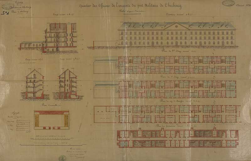 Quartier des officiers de l'enceinte de l'arsenal maritime.- Dessin à l'encre et aquarelle sur calque, 106 x 68 cm, 1856. (Ministère de la Défense, service historique de la Marine, Cherbourg-Octeville. 2K 2266).