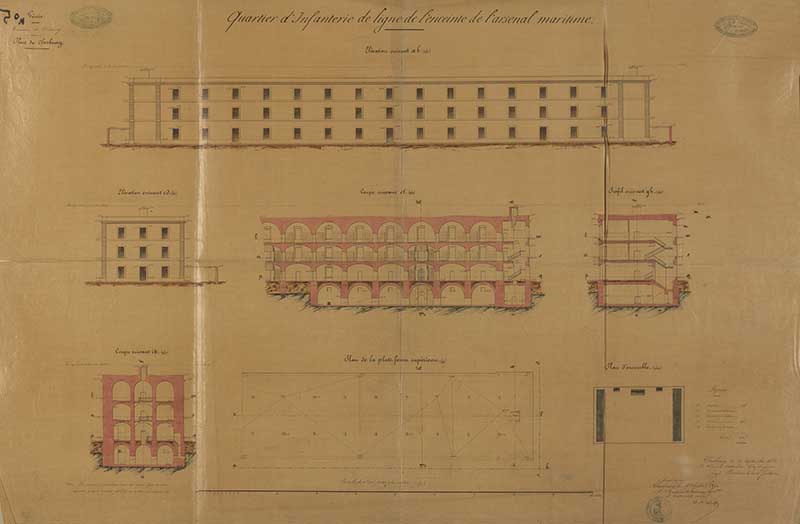 Quartier d'infanterie de ligne de l'enceinte de l'arsenal maritime.- Dessin à l'encre et aquarelle sur calque de Bodsondenoir Fontaine (ingénieur militaire), 69 x 104 cm, 15 septembre 1851. (Ministère de la Défense, service historique de la Marine, Cherbourg-Octeville. 2K 2269).