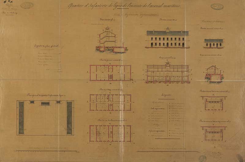 Quartier d'infanterie de ligne l'enceinte de l'arsenal maritime.- Dessin à l'encre et aquarelle sur calque de Bodsondenoir Fontaine (ingénieur militaire), 106 x 68 cm, 15 juin 1852. (Ministère de la Défense, service historique de la Marine, Cherbourg-Octeville. 2K 2270).