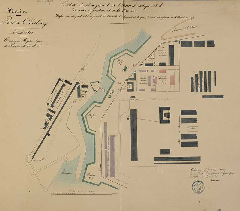 Extrait du Plan général de l'arsenal indiquant les casernes appartenant à la marine. Dressé pour être joint à l'état général de l'assiette du logement des troupes.- Dessin à l'encre et aquarelle sur papier de Richard (ingénieur civil), 66 x 57 cm, 7 mai 1855. (Ministère de la Défense, service historique de la Marine, Cherbourg-Octeville. 2K 2170).
