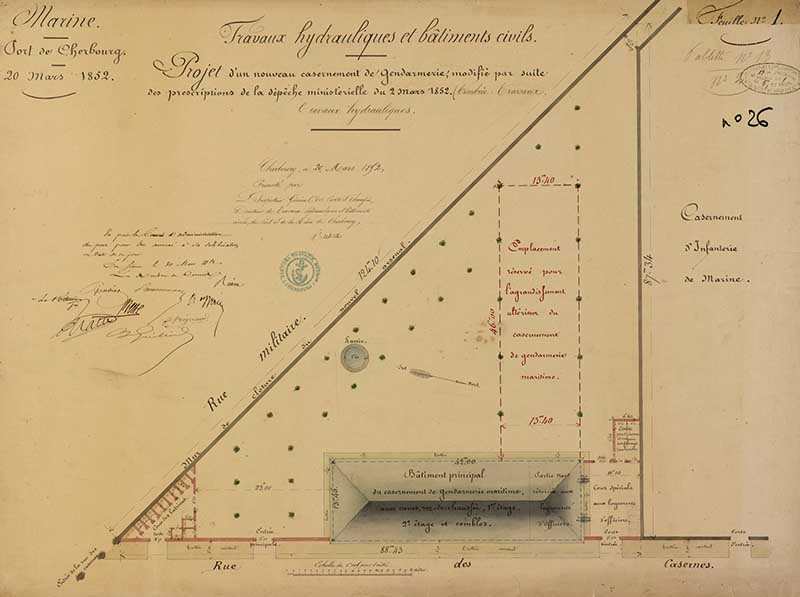 Projet d'un nouveau casernement de gendarmerie modifié par suite des prescriptions de la dépêche ministérielle du 2 mars 1852.- Dessin à l'encre et aquarelle sur papier de Reibell Félix-Jean-Baptiste-Joseph (ingénieur civil), 70 x 52,5 cm. (Ministère de la Défense, service historique de la Marine, Cherbourg-Octeville. 2K 2230).