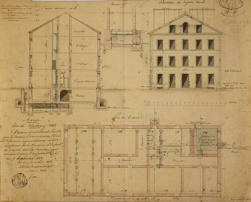 Dessin d'exécution du pavillon pour les bureaux d'administration, l'école, et l'infirmerie régimentaires et autres accessoires de la caserne d'infanterie de marine dont les travaux sont annoncés pour l'adjudication du 7 septembre 1843.- Dessin à l'encre sur papier de Reibell Félix-Jean-Baptiste-Joseph (ingénieur civil), 47 x 56 cm, 11 août 1843. (Ministère de la Défense, service historique de la Marine, Cherbourg-Octeville. 2K 2300).