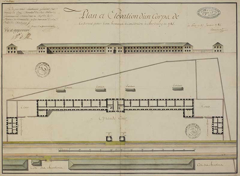 Plan et élévation d'un corps de casernes pour 600 hommes à construire à Cherbourg en 1785.- Dessin à l'encre et aquarelle sur papier de De Cessart Louis-Alexandre (ingénieur civil), 57 x 42,5 cm, 13 janvier 1785. (Ministère de la Défense, service historique de la Marine, Cherbourg-Octeville. 2K 2301 (1)).