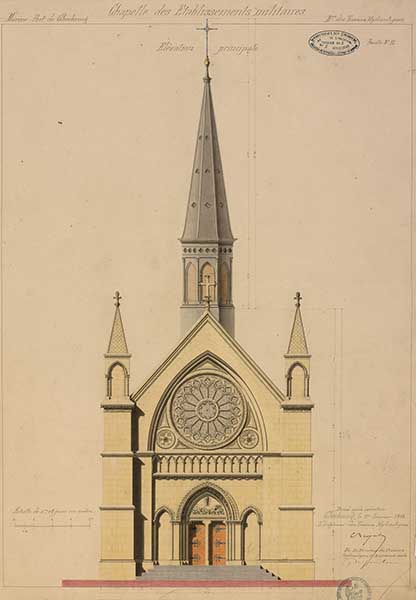 Elévation principale. Dessin après exécution.- Dessin à l'encre et aquarelle sur papier de Brosselin (ingénieur civil), 49 x 67 cm, Cherbourg, le 1er janvier 1864. (Ministère de la Défense, service historique de la Marine, Cherbourg-Octeville. 2K 1954 /4 Atlas 14).