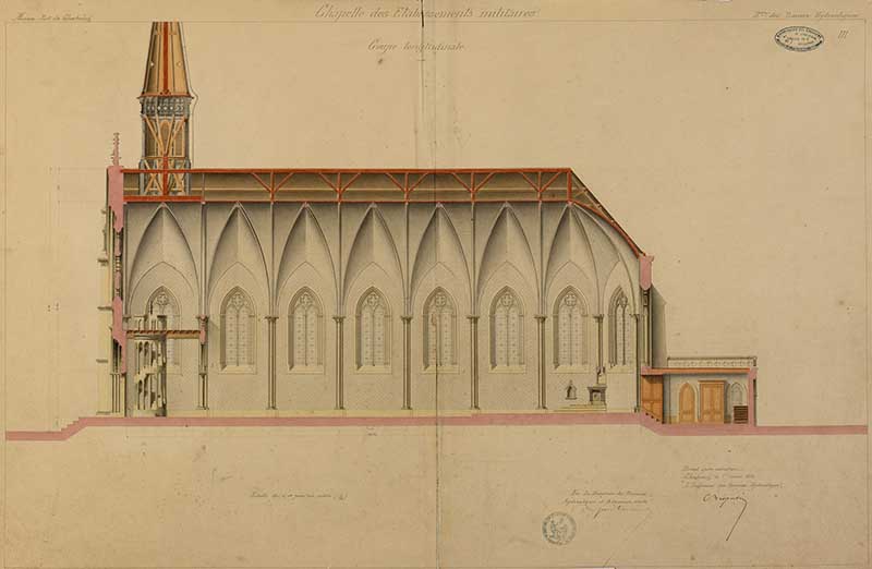 Coupe longitudinale. Dessin après exécution Cherbourg.- Dessin à l'encre et aquarelle sur papier de Brosselin (ingénieur civil), 98 x 67 cm, Cherbourg, le 1er janvier 1864. (Ministère de la Défense, service historique de la Marine, Cherbourg-Octeville. 2K 1954 /4 Atlas 14).