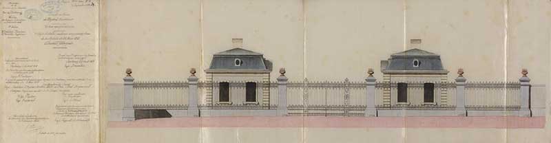 Deuxième projet de grille, conforme aux prescriptions de la dépêche du 26 mars 1868. Elévation principale.- Calque sur toile de Brosselin (ingénieur civil), 17 avril 1868. (Ministère de la Défense, service historique de la Marine, Cherbourg-Octeville. 3K 63).