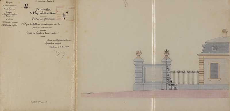 Premier projet de grille en remplacement de la porte de maçonnerie.- Calque sur toile de Brosselin (ingénieur civil), 17 avril 1868. (Ministère de la Défense, service historique de la Marine, Cherbourg-Octeville. 3K 63).
