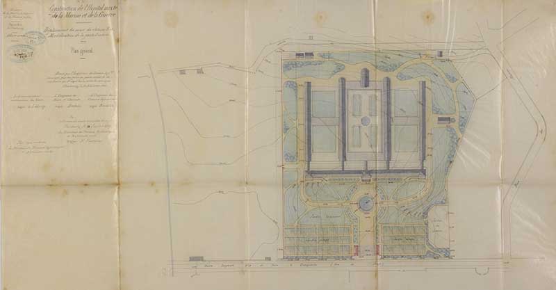 Plan général.- Dessin à l'encre sur papier de Brosselin (ingénieur civil), 20 septembre 1866. (Ministère de la Défense, service historique de la Marine, Cherbourg-Octeville. 3K 63).
