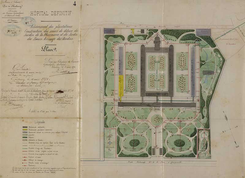 Arrosage des jardins de l'hôpital.- Calque sur toile de Lestelle (ingénieur civil), 64 x 68 cm, 1er juillet 1873. (Ministère de la Défense, service historique de la Marine, Cherbourg-Octeville. 3K 63).