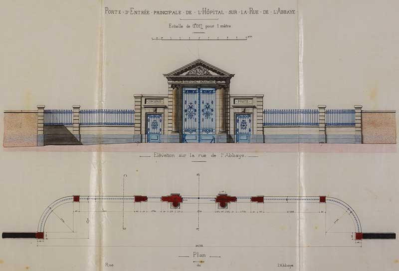 Porte d'Entrée principale de l'Hôpital sur la Rue de l'Abbaye. Plans, élévations et coupes.- Calque sur toile de Barbé (ingénieur civil), 14 septembre 1881. (Ministère de la Défense, service historique de la Marine, Cherbourg-Octeville. 3K 63).