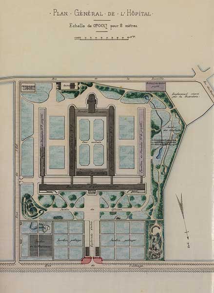 Plan général de l'hôpital.- Dessin à l'encre sur papier de Barbet (ingénieur civil), 1882. (Ministère de la Défense, service historique de la Marine, Cherbourg-Octeville. 3K 63).