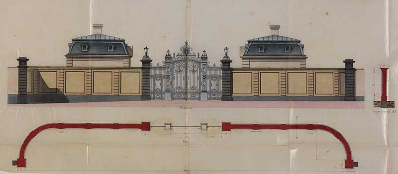 Projet d'achèvement de la porte d'entrée principale de la rue de l'Abbaye. Plans, élévations et coupes. Pavillons annexes.- Calque sur toile de Barbé (ingénieur civil), 25 avril 1882. (Ministère de la Défense, service historique de la Marine, Cherbourg-Octeville. 3K 63).