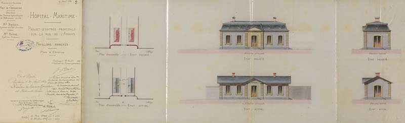 Projet d'entrée principale sur la rue de l'Abbaye.- Calque sur toile de Brosselin (ingénieur civil), 17 avril 1868. (Ministère de la Défense, service historique de la Marine, Cherbourg-Octeville. 3K 63).