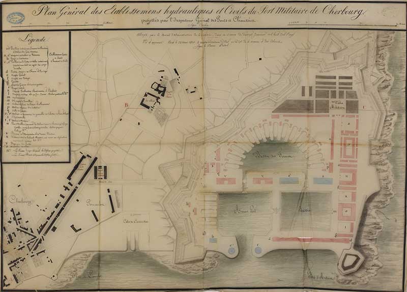 Plan général des établissements hydrauliques et civils du Port militaire de Cherbourg projetés par l'inspecteur général des ponts et Chaussées.- Dessin à l'encre et aquarelle sur calque, de Cachin Joseph-Marie-François (ingénieur civil), 60 x 78 cm. (Ministère de la Défense, service historique de la Marine, Cherbourg-Octeville. 3K 182).