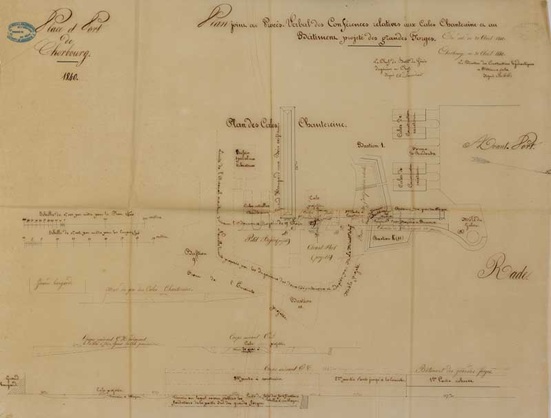 Plan joint au procès-verbal de conférences relatives aux cales Chantereyne et au bâtiment projeté des grandes forges.- Dessin à l'encre et à l'aquarelle sur papier de Demondésir (ingénieur militaire) et Reibell Félix-Jean-Baptiste-Joseph (ingénieur civil), 54 x 72 cm. (Ministère de la Défense, service historique de la Marine, Cherbourg-Octeville. 3K 182).