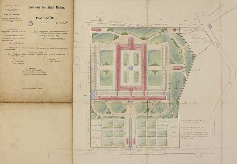 Plan Général. Dressé conformément à la décision ministérielle du 19 décembre 1863 par Pasquier-Vauvilliers. Approuvé le 21 mars 1865 par le ministre de la Marine, le comte de Chasseloup-Laubat.- Dessin à l'encre rehaussé de gouache sur papier. (Ministère de la Défense, service historique de la Marine, Cherbourg-Octeville. 3K 60).