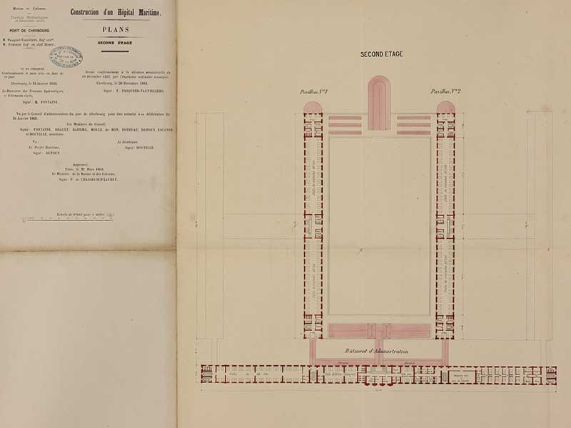 Plans. Second Etage. Dressé conformément à la décision ministérielle du 19 décembre 1863 par Pasquier-Vauvilliers. Approuvé le 21 mars 1865 par le ministre de la Marine, le comte de Chasseloup-Laubat.- Dessin à l'encre sur papier. (Ministère de la Défense, service historique de la Marine, Cherbourg-Octeville. 3K 60).