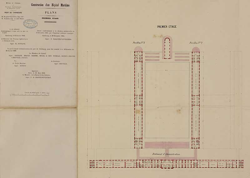 Plans. Premier Etage. Dressé conformément à la décision ministérielle du 19 décembre 1863 par Pasquier-Vauvilliers. Approuvé le 21 mars 1865 par le ministre de la Marine, le comte de Chasseloup-Laubat.- Dessin à l'encre sur papier. (Ministère de la Défense, service historique de la Marine, Cherbourg-Octeville. 3K 60).