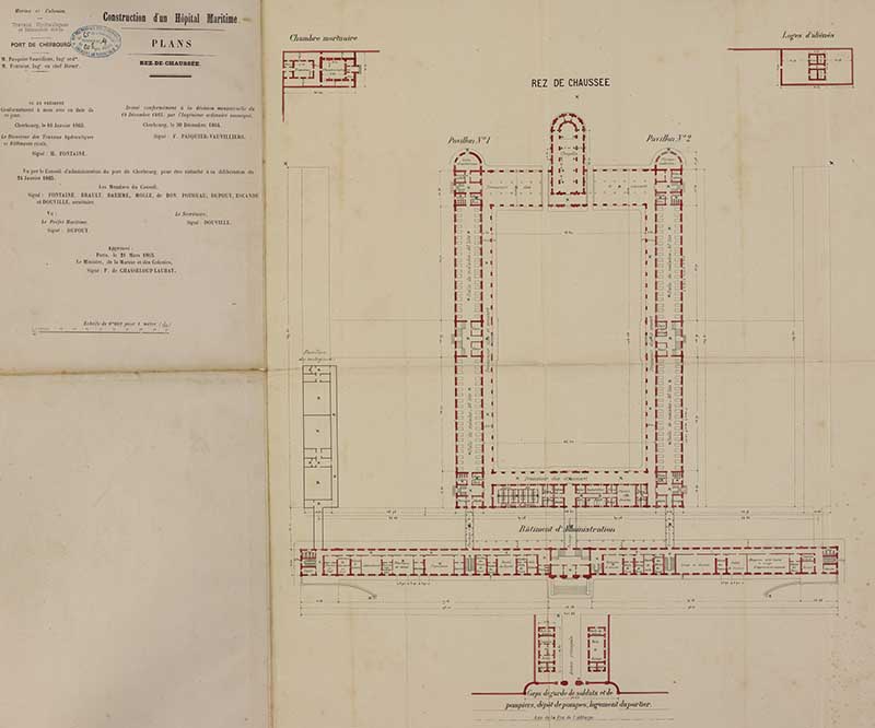 Plans. Rez-de-Chaussée. Dressé conformément à la décision ministérielle du 19 décembre 1863 par Pasquier-Vauvilliers. Approuvé le 21 mars 1865 par le ministre de la Marine, le comte de Chasseloup-Laubat.- Dessin à l'encre sur papier. (Ministère de la Défense, service historique de la Marine, Cherbourg-Octeville. 3K 60).