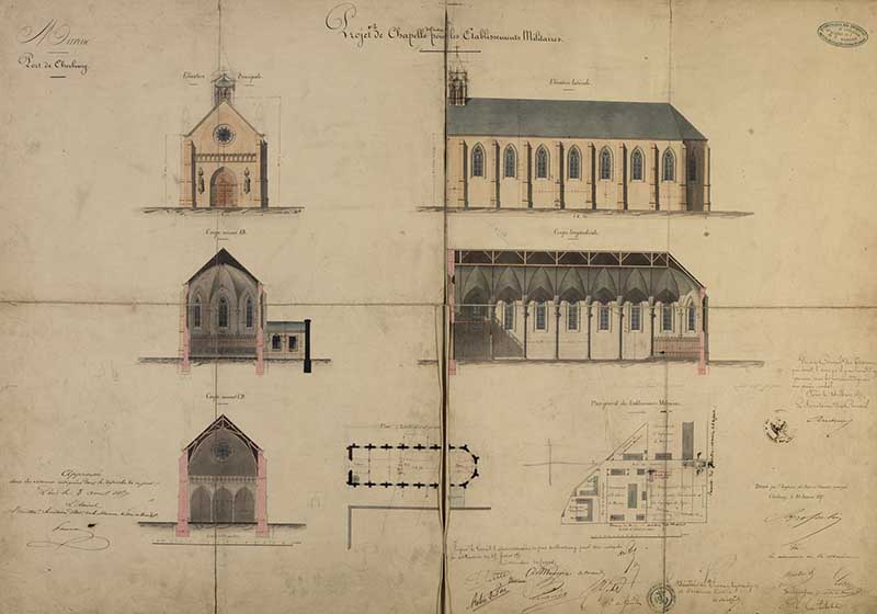 Projet de Chapelle pour les Etablissements Militaires. Dressé par l'Ingénieur des Ponts et Chaussées.- Dessin à l'encre et aquarelle sur papier de Brosselin (ingénieur civil), Cherbourg, le 30 janvier 1857. (Ministère de la Défense, service historique de la Marine, Cherbourg-Octeville. 2K 1954 /4 Atlas 14).
