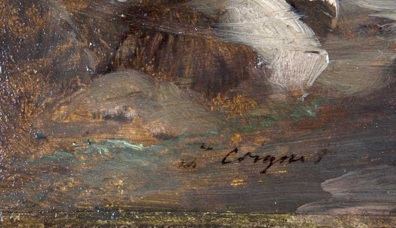 Granville, vue des falaises côté nord, détail, signature en bas à gauche : "Coignet".- Tableau, Jules Coignet, huile sur toile, 63 x 38 cm [h.c.], 73 x 48 cm [a.c.], n.d., vers 1840. (Musée du Vieux Granville, Granville).