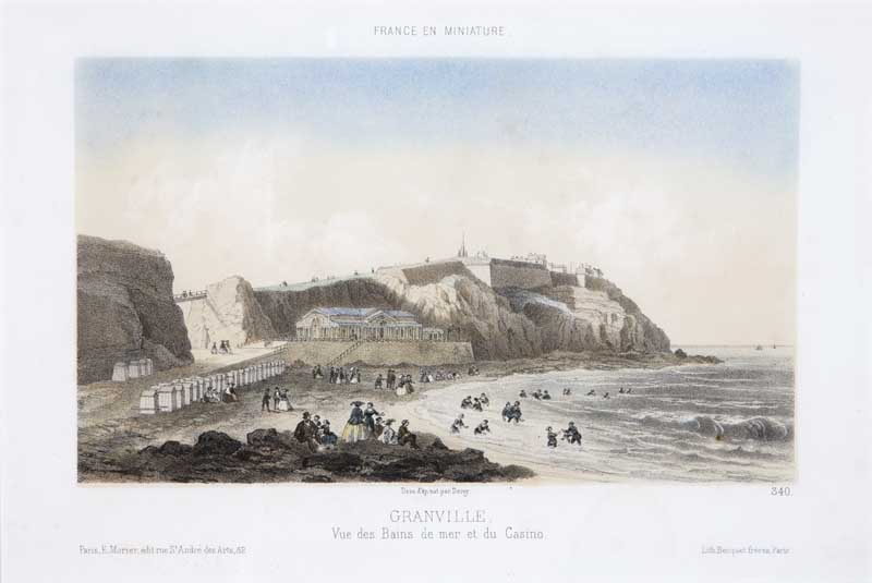 'Granville. Vue des Bains de Mer et du Casino. Vue de la ville haute et du casino depuis le nord-est [2e casino].- Lithographie par Becquet frères, Paris, n.d., d''un dessin réalisé par Isidore-Laurent Deroy, n.d., vers 1860. Lithographie en couleur, [dimensions non prises], tirée de : La France en miniature, pl. 340. (Musée du Vieux Granville, Granville).'