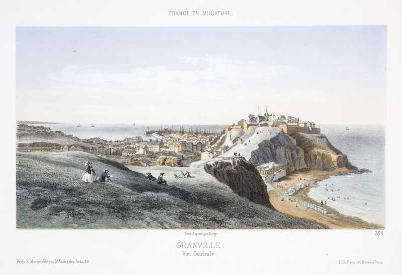 'Granville. Vue générale. Vue de la ville haute et du casino depuis le nord-est [2e casino].- Lithographie par Becquet frères, Paris, n.d., d''un dessin réalisé par Isidore-Laurent Deroy, n.d., vers 1860. Lithographie en couleur, [dimensions non prises], tirée de : La France en miniature, pl. 339. (Musée du Vieux Granville, Granville).'