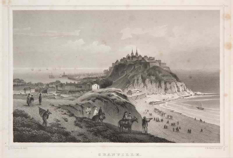 'Granville. Vue de la ville haute et du casino depuis le nord-est [2e casino].- Lithographie par G.L. Kurz, n.d., d''après un dessin de L. Robock, n.d., vers 1860. Lithographie en deux tons, [dimensions non prises]. (Musée du Vieux Granville, Granville).'