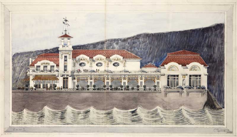 Casino, façade latérale. Avant-projet. Elevations [3e casino].- Crayon et aquarelle sur papier, Auguste Bluysens, échelle : 0,01m pour 1 mètre, 100 x 68 cm, daté du 30 mars 1910. (Médiathèque Charles de la Morandière, service du patrimoine, Granville).