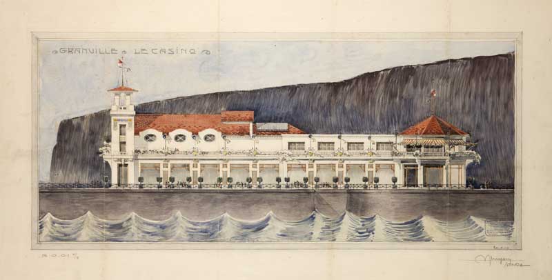 Casino, façade latérale. Avant-projet : élévations [3e casino].- Crayon et aquarelle sur papier, Auguste Bluysens, échelle : 0,01m pour 1 mètre, 100 x 68 cm, daté du 20 mai 1910. (Médiathèque Charles de la Morandière, service du patrimoine, Granville).