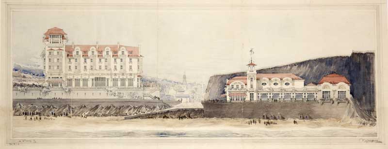 Hôtel Normandy et casino, façade sur mer. Avant-Projet. [Elévations 3e casino].- Crayon et aquarelle sur papier, Auguste Bluysens, échelle : 0,005m pour 1 mètre, 122 x 62 cm, daté du 30 mars 1910. (Médiathèque Charles de la Morandière, service du patrimoine, Granville).