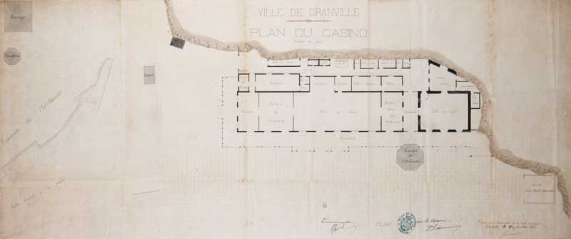 'Ville de Granville. Plan du Casino [2e casino].- Plan dressé par l''architecte de la ville, [signature illisible], 20 juillet 1910. Encre sur papier, [sans échelle], [dimensions non prises]. (Médiathèque Charles de la Morandière, service du patrimoine, Granville).'