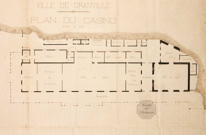 'Ville de Granville. Plan du Casino, détail [2e casino].- Plan dressé par l''architecte de la ville, [signature illisible], 20 juillet 1910. Encre sur papier, [sans échelle], [dimensions non prises]. (Médiathèque Charles de la Morandière, service du patrimoine, Granville).'