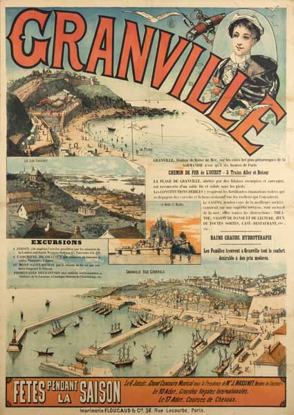 Granville. Vue de la ville haute et du casino depuis le nord-est [2e casino].- Affiche touristique, n.s., Floucaud impr., Paris, limite 19e-20e siècles, reproduction photomécanique, en couleur, [dimensions non prises]. (Médiathèque Charles de la Morandière, service du patrimoine, Granville).